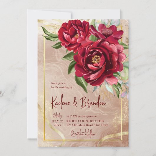 Invitation Peonies de Bourgogne floral moderne script mariage (Devant)