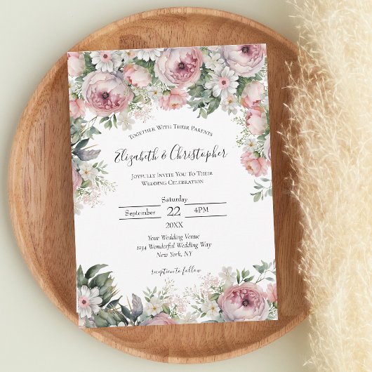 Invitation Peonies de fleurs rose blanc Mariage moderne