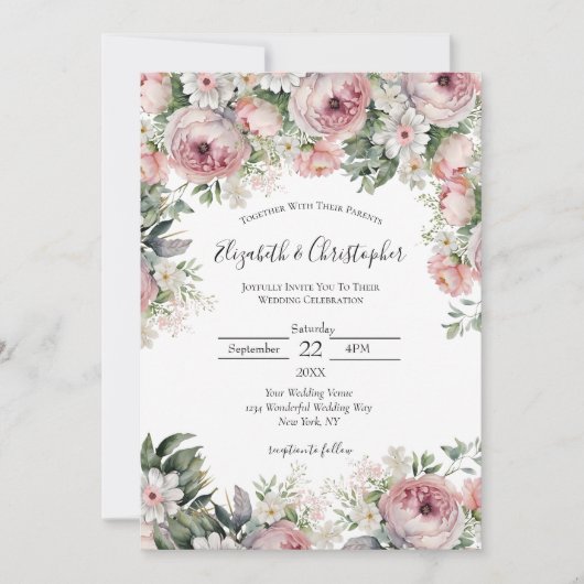 Invitation Peonies de fleurs rose blanc Mariage moderne (Devant)