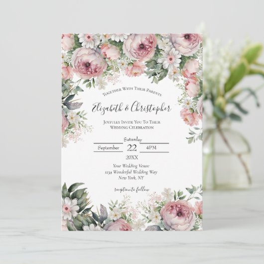 Invitation Peonies de fleurs rose blanc Mariage moderne (Debout devant)
