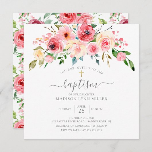 Invitation Peonies de printemps Rose Floral Baptism Invitatio (Devant / Derrière)