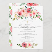 Invitation Peonies de printemps Rose Floral Première communio (Devant / Derrière)