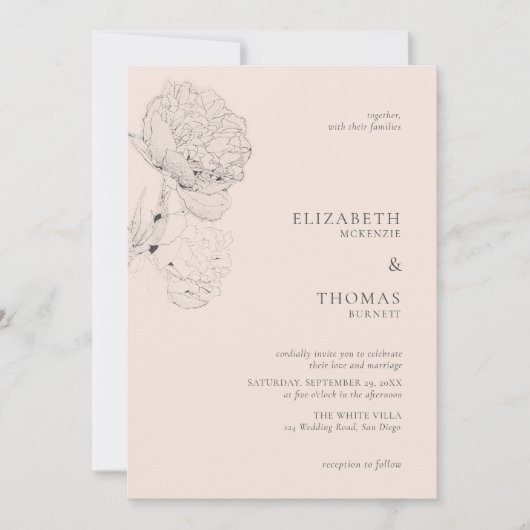 Invitation Peonies délicates Encre Peach Rose Élégant Mariage (Devant)