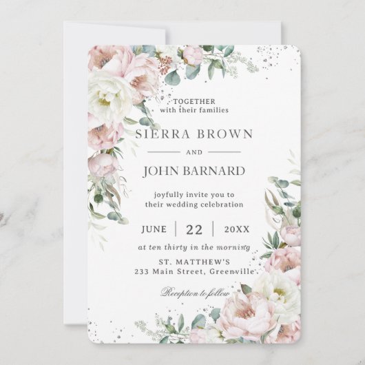 Invitation Peonies d'ivoire rose doux Mariage floral (Devant)