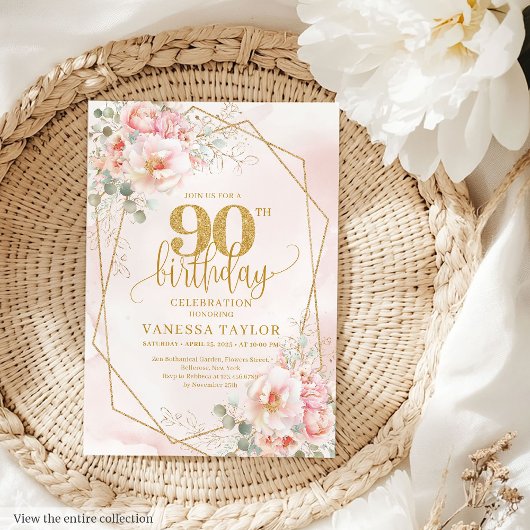 Invitation Peonies d'or rose en poudre classique 90e annivers