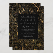 Invitation Peonies dorées Noir et Or (Devant / Derrière)