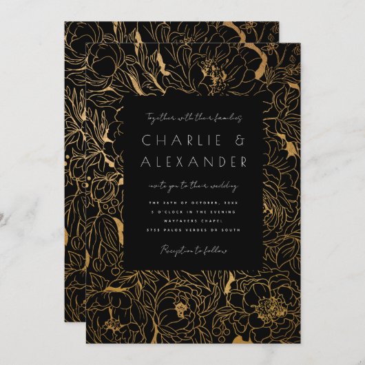 Invitation Peonies dorées Noir et Or (Devant / Derrière)