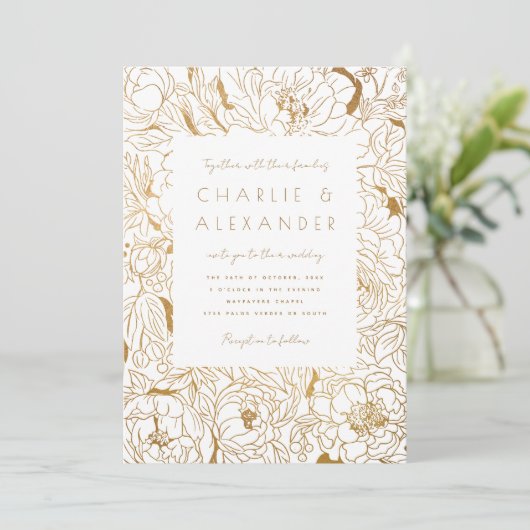 Invitation Peonies dorées Or blanc (Debout devant)
