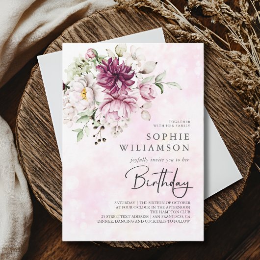 Invitation Peonies élégant anniversaire