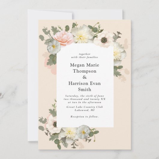 Invitation Peonies et Anémones en fleur Mariage Blush (Devant)