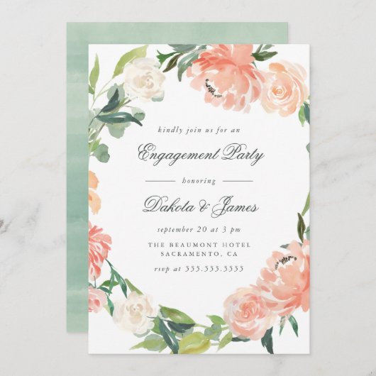 Invitation Peonies & Eucalyptus Green Engagement Party (Devant / Derrière)