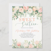 Invitation Peonies Floral Peach Pink Script Elegant Sweet 16 (Devant)