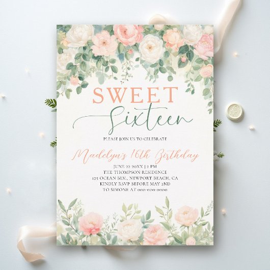 Invitation Peonies Floral Peach Pink Script Elegant Sweet 16