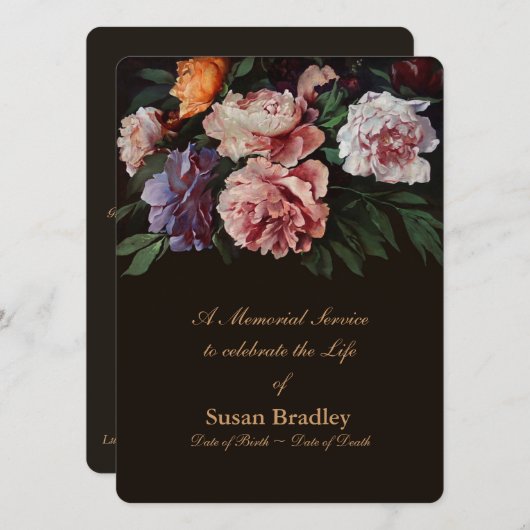Invitation Peonies Floral Peinture 2 Service Mémorial (Devant / Derrière)