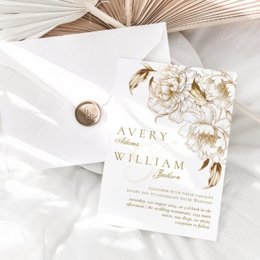 Invitation Peonies florales Blanc Golden Elegant Mariage