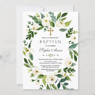 Invitation Peonies florales blanches modernes Wreath Baptême