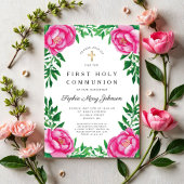 Invitation Peonies florales roses Première communion religieu