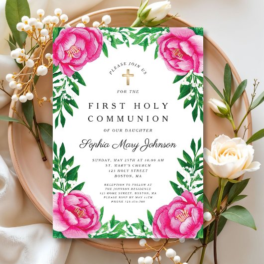 Invitation Peonies florales roses Première communion religieu