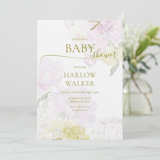 Invitation Peonies Hydrangea Pastel Baby shower d'aquarelle (Debout devant)