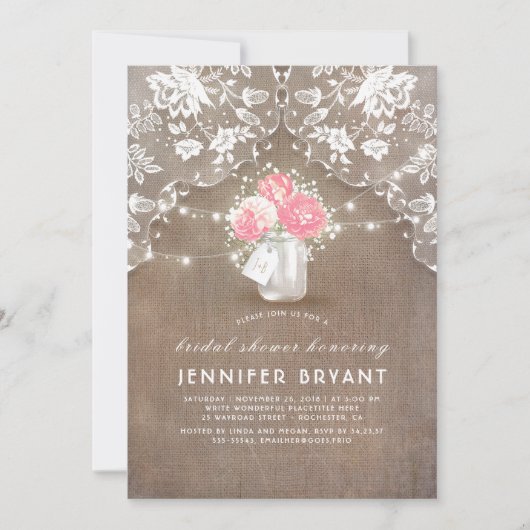 Invitation Peonies Mason Jar Lace et Fête des mariées Burlap (Devant)