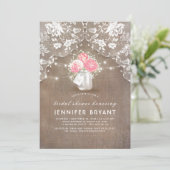 Invitation Peonies Mason Jar Lace et Fête des mariées Burlap (Debout devant)