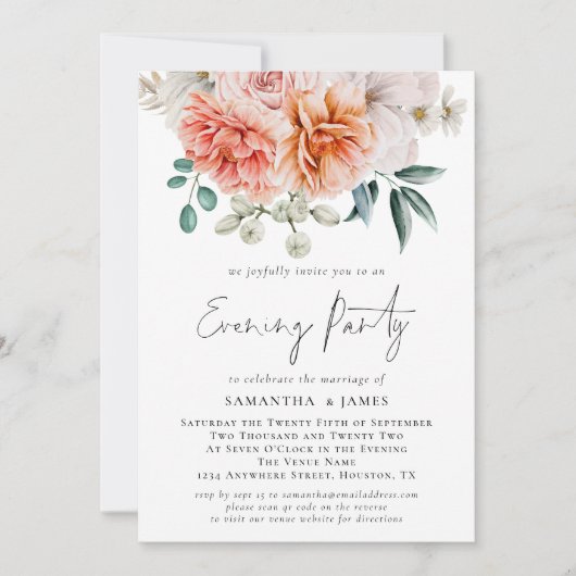 Invitation Peonies Peach Coral Qr Code Mariage Soirée (Devant)