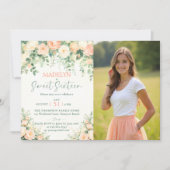 Invitation Peonies Pink Peach Elegant Script Photo Sweet 16 I (Devant)