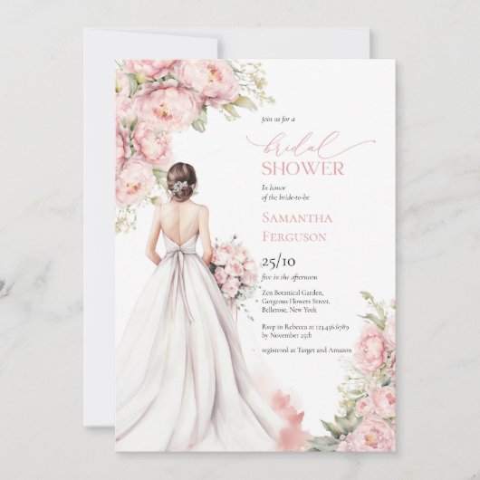 Invitation Peonies romantiques Robe rose vierge (Devant)