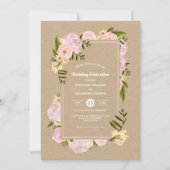 Invitation Peonies rose pâle Kraft papier Mariage rustique (Devant)