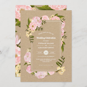 Invitation Peonies rose pâle Kraft papier Mariage rustique