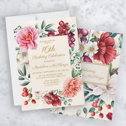 Invitation Peonies roses Bourgogne Feuilles floraux 16e anniv
