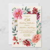 Invitation Peonies roses Bourgogne Feuilles floraux 16e anniv (Devant)