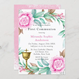Invitation Peonies roses Chalice d'or Première communion