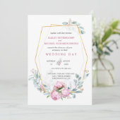 Invitation Peonies roses Dusty Mariage de cadre d'or géométri (Debout devant)
