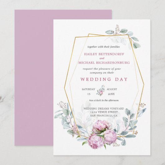 Invitation Peonies roses Dusty Mariage de cadre d'or géométri (Devant / Derrière)