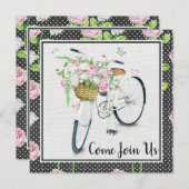 Invitation Peonies roses et Bicyclette blanche fête d'anniver (Devant / Derrière)