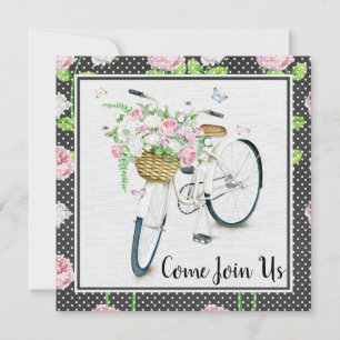 Invitation Peonies roses et Bicyclette blanche fête d'anniver