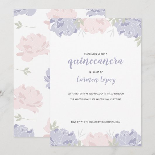 Invitation Peonies roses et violettes Quinceanera Party (Devant / Derrière)