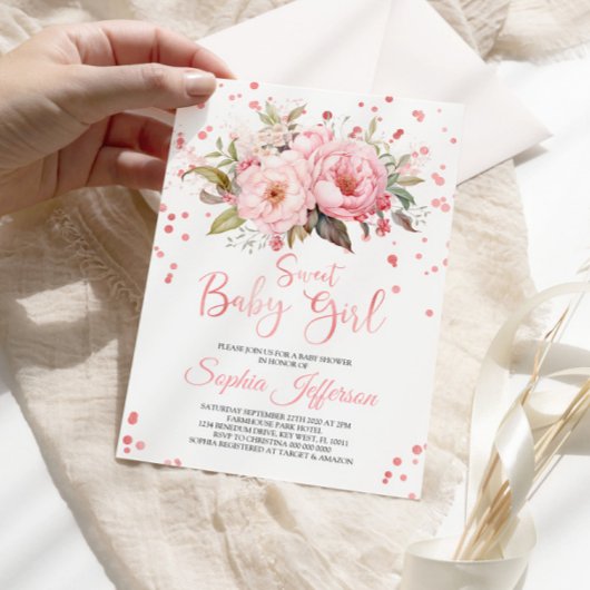 Invitation Peonies Roses Fleurs Douces Bébé Fille Douche