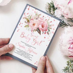 Invitation Peonies Roses Fleurs Douces Bébé Fille Douche