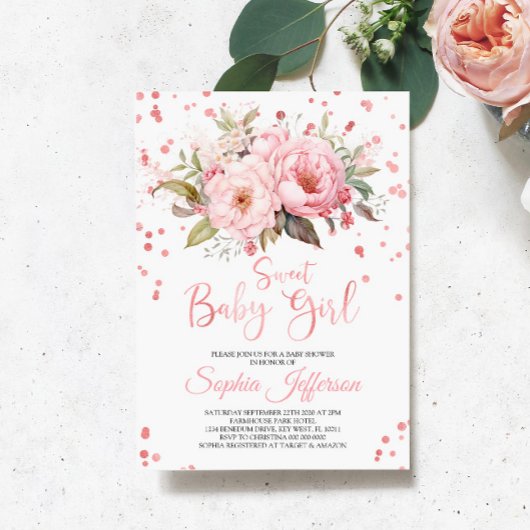 Invitation Peonies Roses Fleurs Douces Bébé Fille Douche