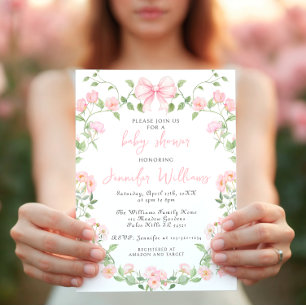 Invitation Peonies roses Floral Wreath Bow Baby Girl Douche