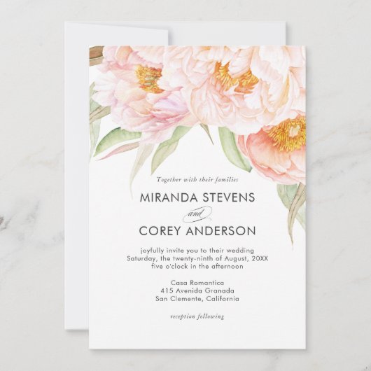 Invitation Peonies roses luxuriantes Aquarelle Mariage Floral (Devant)