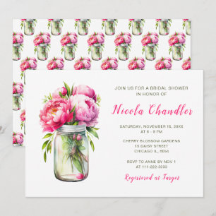 Invitation Peonies roses Mason Jar Fête des mariées