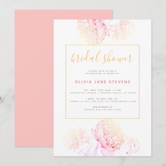 Invitation Peonies roses Or Elegant Fête des mariées moderne (Devant / Derrière)