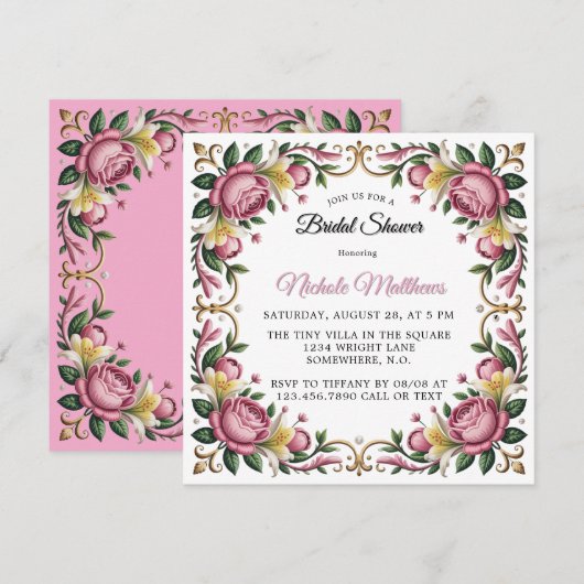 Invitation Peonies roses Rococo Fête des mariées cadre (Devant / Derrière)