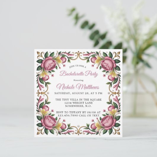 Invitation Peonies roses Rococo Frame Bachelorette (Debout devant)