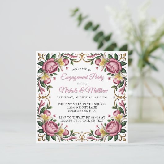 Invitation Peonies roses Rococo Frame Engagement (Debout devant)
