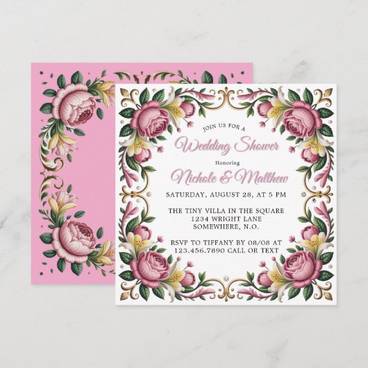 Invitation Peonies roses Rococo Wedding shower cadre (Devant / Derrière)