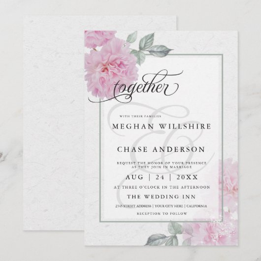 Invitation Peonies roses romantiques Papier de riz BarefootBr (Devant / Derrière)